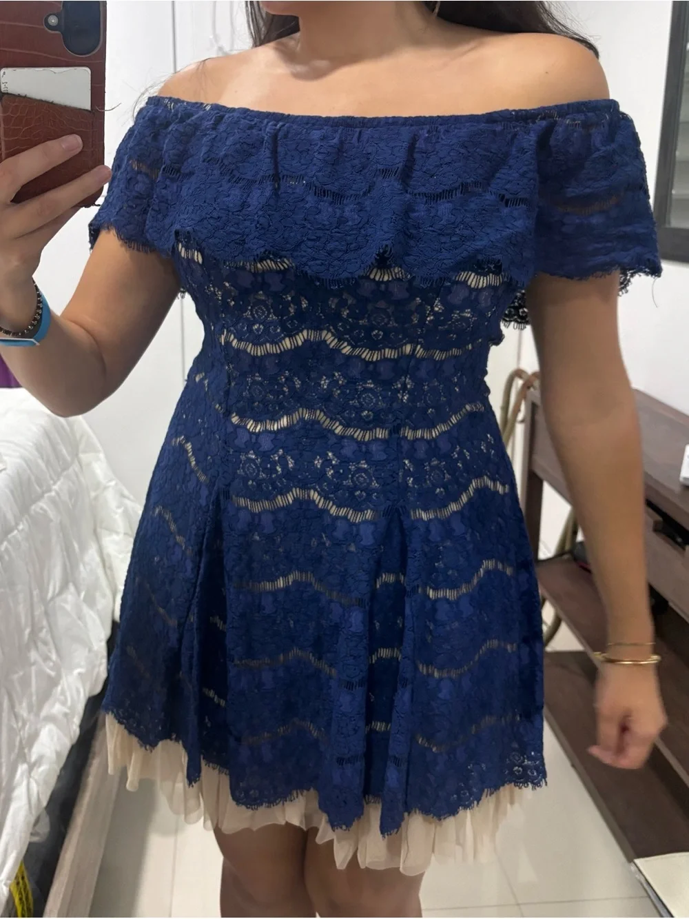 Francesca's Collections Navy Lace Party Dress with Cream Tulle Hem